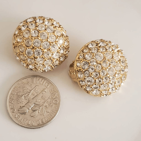 Swarovski Gold Tone Pave Crystal Domed‎ Button Clip Earrings - Picture 5 of 6